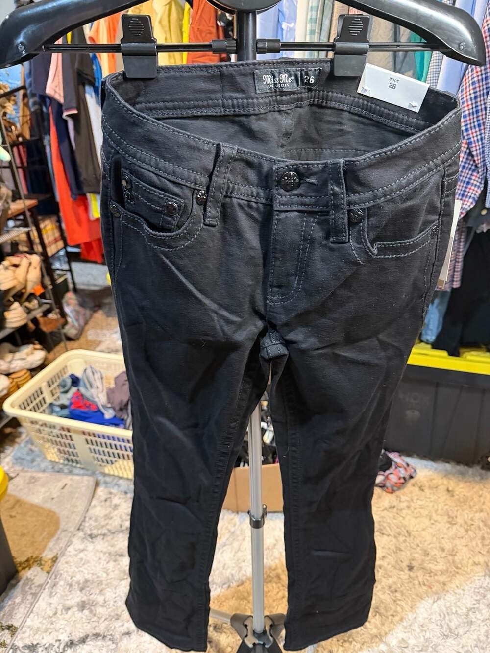 Miss Me Mid-Rise Bootcut Black Jeans with Embellished Flap Pockets Size 26x32